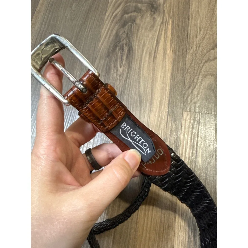 Brighton Belt Mens 38 Brown Woven Leather Two-Toned Lizard Embossed